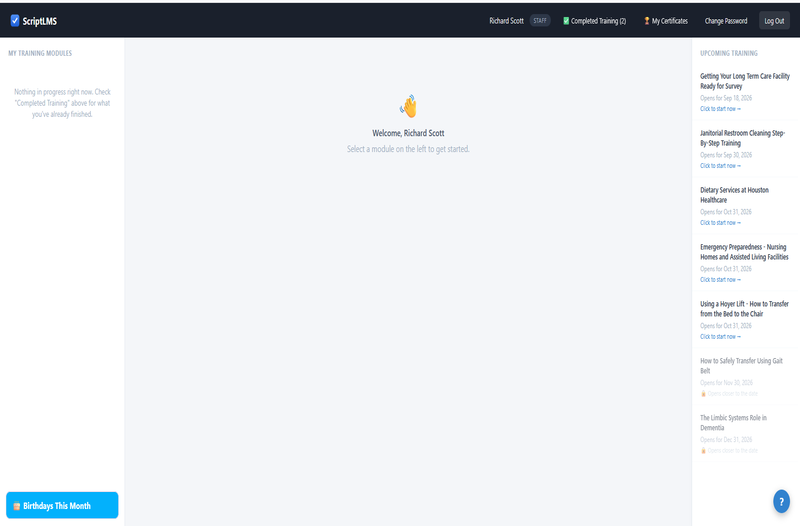 ScriptLMS staff portal after a completed training module is removed automatically